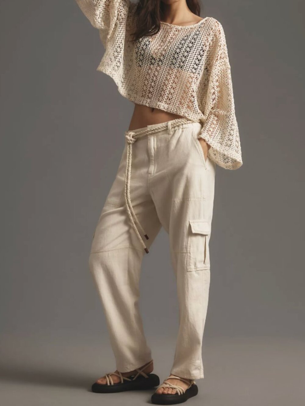 Pilcro | Anthropologie Slim Linen Beach Cargo Pants Ivory | Size Large - Picture 2 of 16
